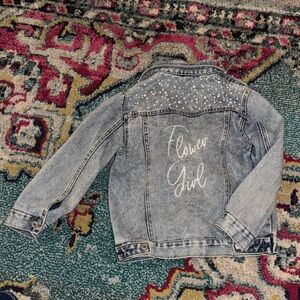 Kids Pearl-embelished  Light Blue Denim Jacket - Flower Girl embroidery on back